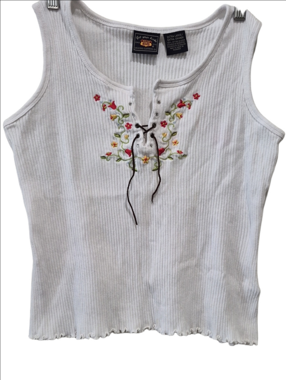 Route 66 White Ribbed Tank with Floral Embroidery and Lace-Up Front